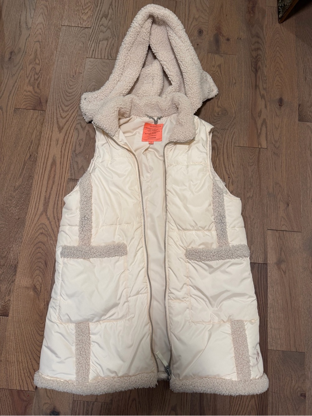 J CREW Signature Cream Sherpa-Trim Hooded Puffer Vest LARGE PETITE MEDIUM